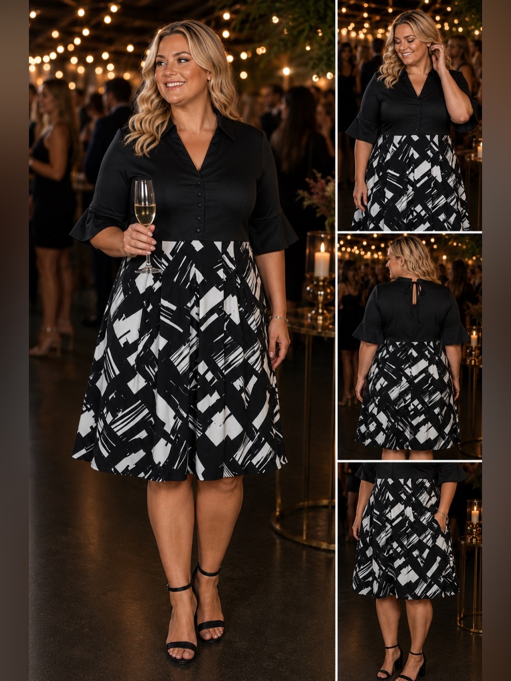 Donna Ricco 1/2 Sleeve Midi Black White A Line Pleated Dress Plus Sz 22 3X